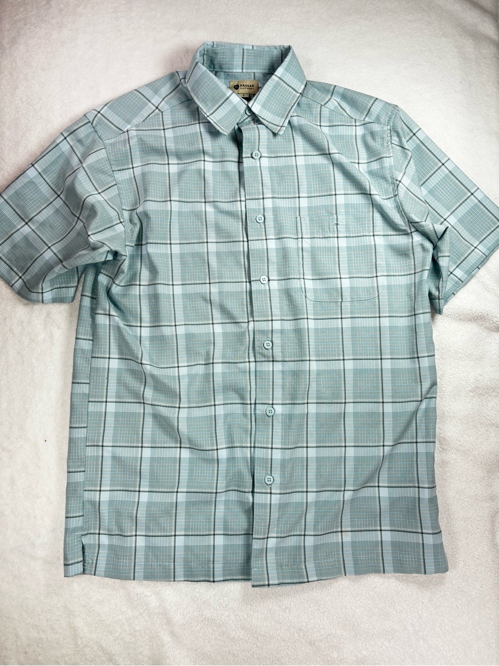 Haggar men’s plaid shirt S, short sleeve button‑up, chest pocket, runs LARGE